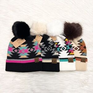 C.C Colorful Southwest Pattern Pom Beanie for Adults, Winter Hats, Premium Hat